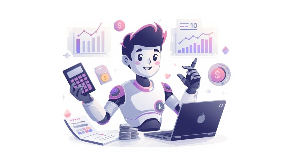 A modern cartoon character professional and friendly with a futuristic electronic vibe not a robot holding multiple accounting tools calculator financial charts invoices coins and a laptop. Surrounded 1